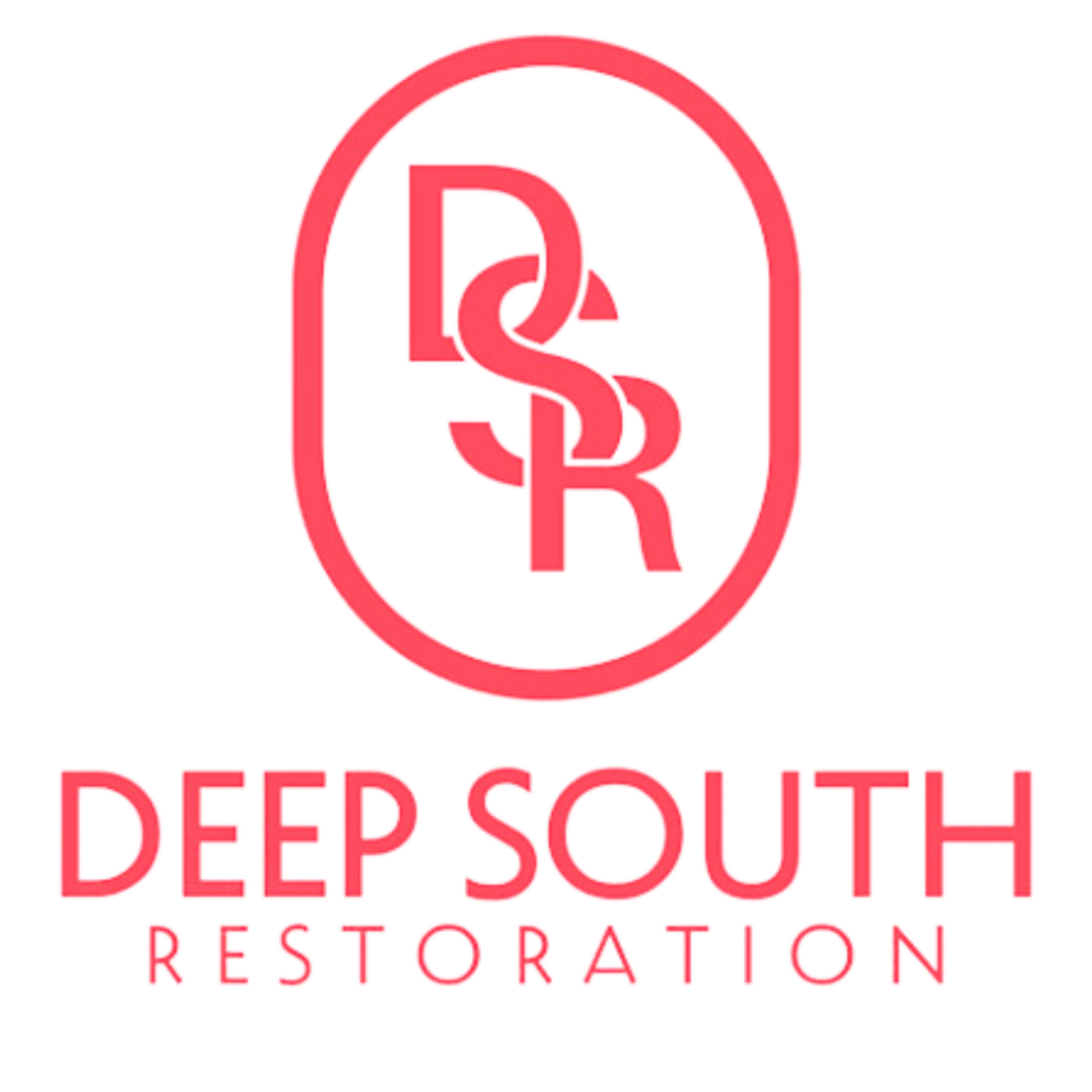 Logo of Deep South Restoration in red with stylized letters and text.